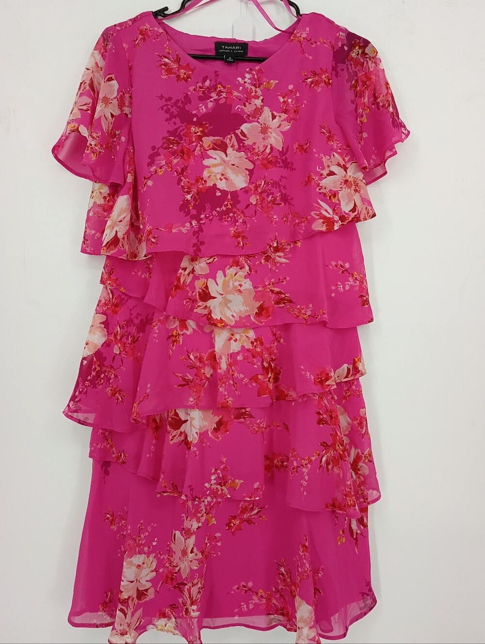 Tahari Hot Pink Floral Chiffon Tiered Ruffle Midi Dress Size 6 Small